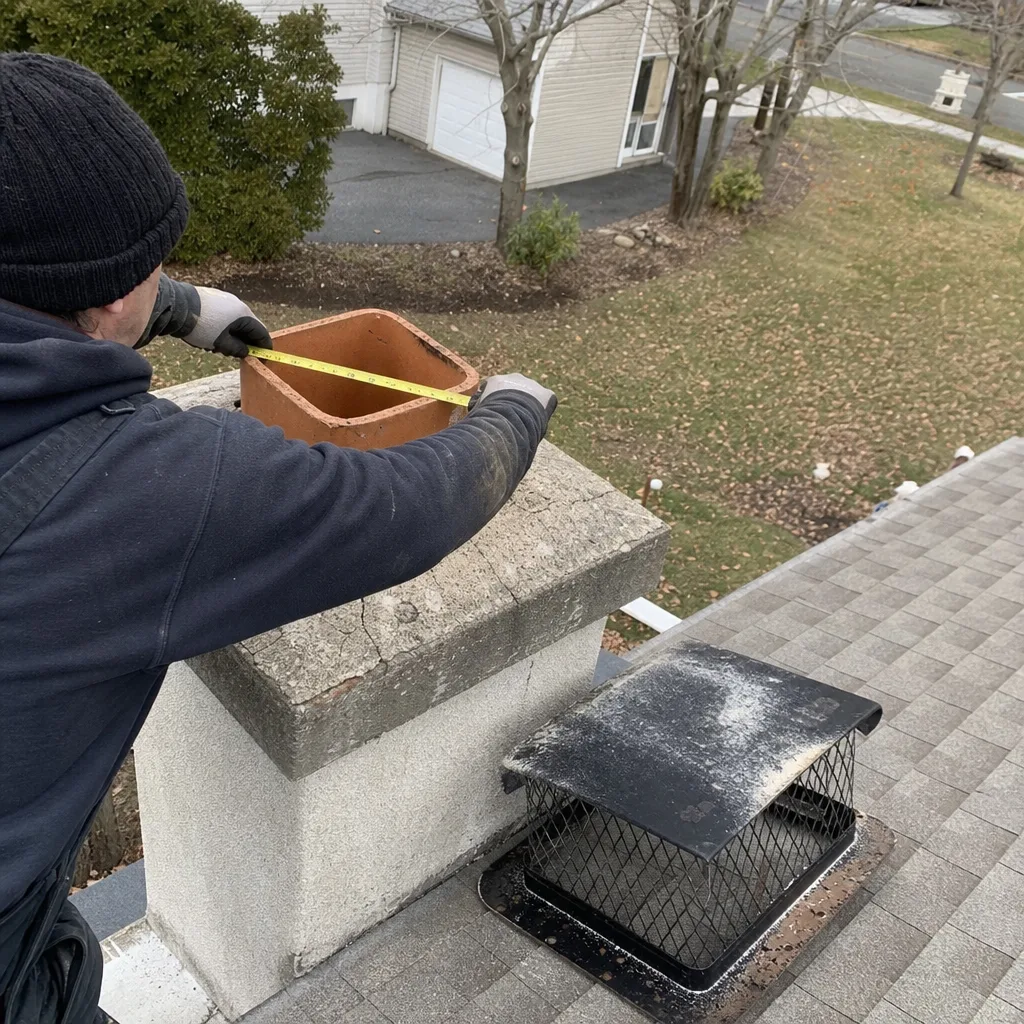 Professional technician measuring chimney flue for custom cap installation on roof nationwide
