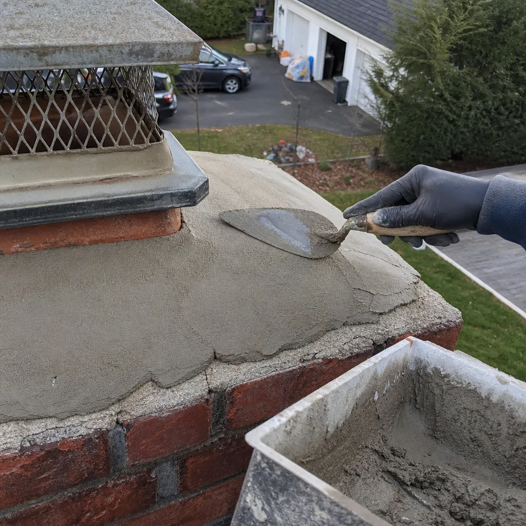 Professional repairing a chimney crown with mortar and trowel nationwide