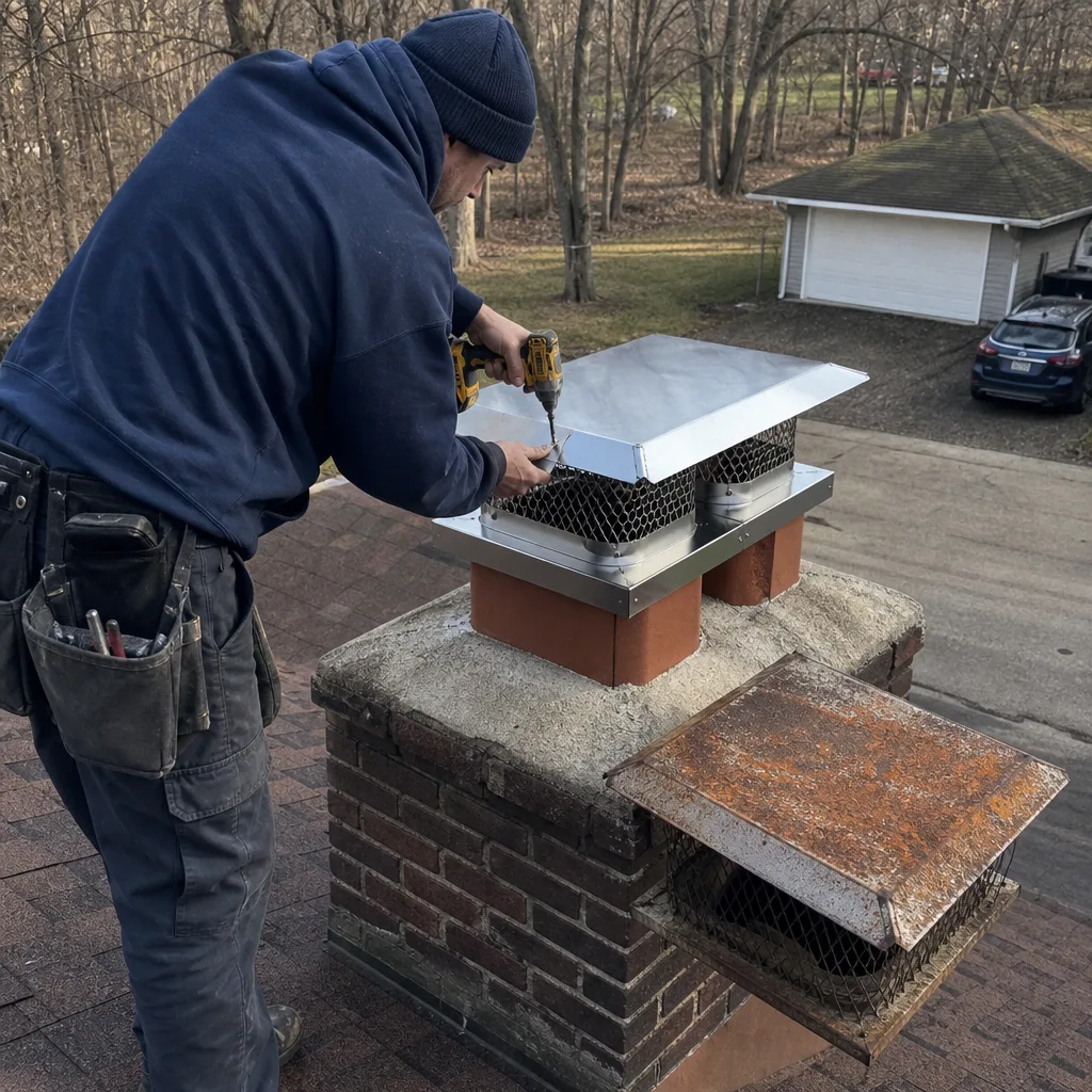 Professional technician installing a new metal chimney cap on a brick chimney nationwide