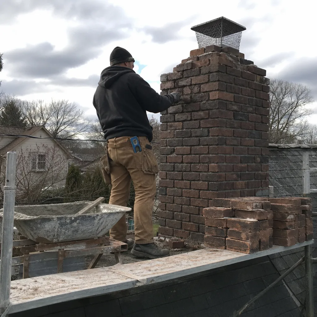 Mason performing professional brick chimney rebuild and restoration on a roof nationwide