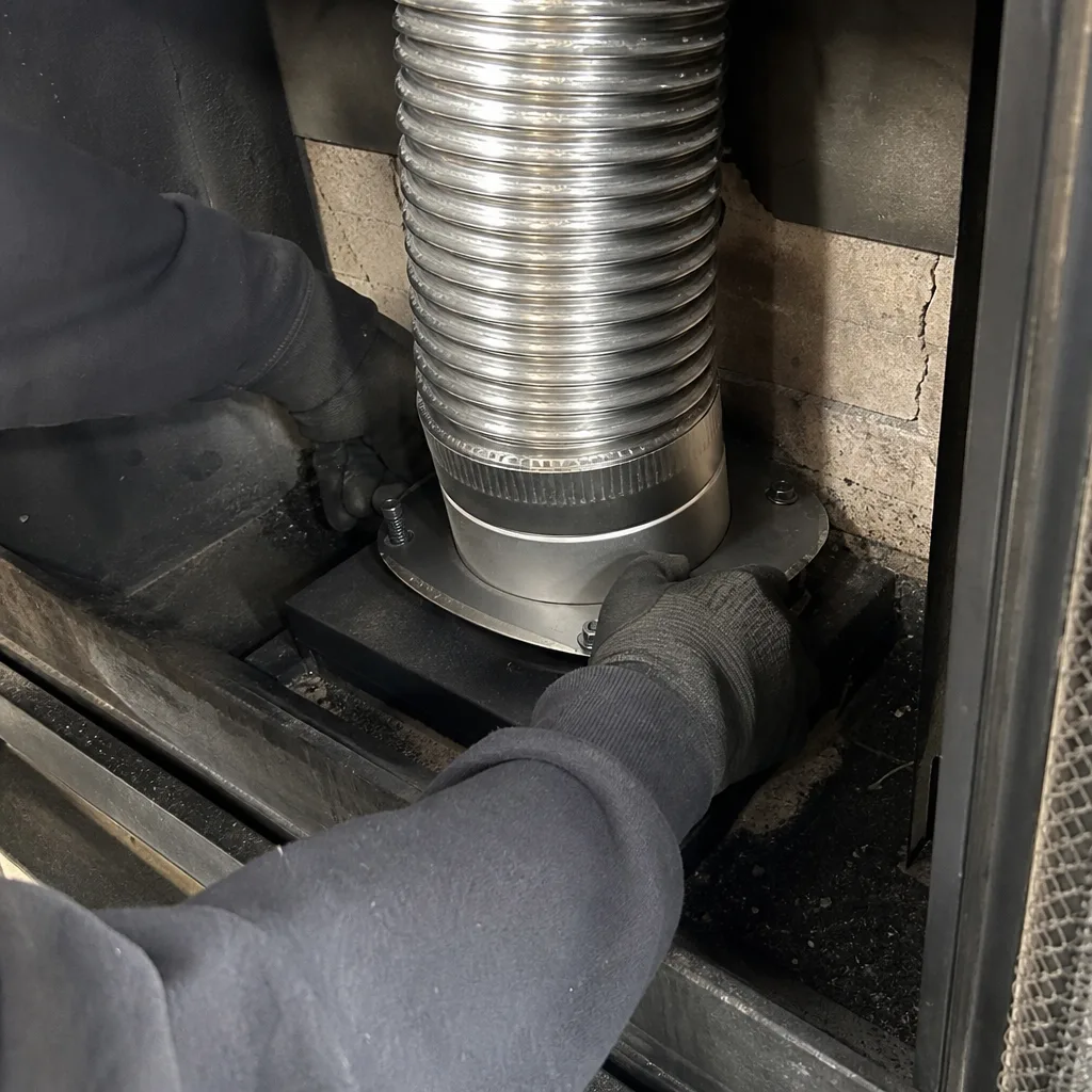 Professional technician installing a stainless steel flexible chimney liner in fireplace nationwide